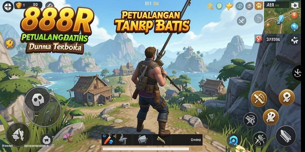 Screenshot gameplay 888R dengan pemandangan spektakuler dunia terbuka.