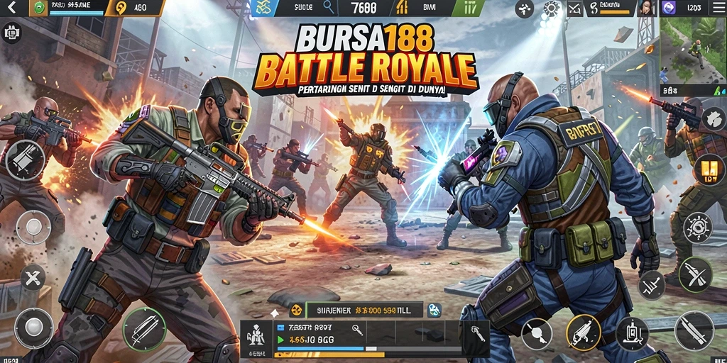 Tampilan aksi seru dalam BURSA188 di medan perang Battle Royale.