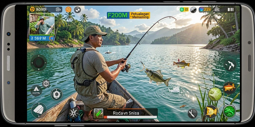 Screenshot gameplay F200M dengan aksi memancing yang seru.