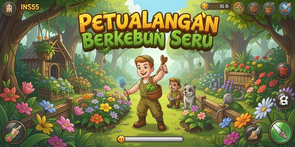 Tampilan gameplay INS55 dengan suasana berkebun yang menawan.