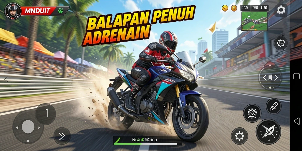 Tampilan gameplay menegangkan dari balapan motor di MNDUIT.