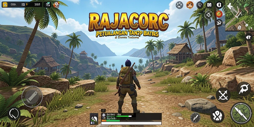 Tampilan gameplay menakjubkan dari RAJACORC yang menampilkan dunia terbuka.