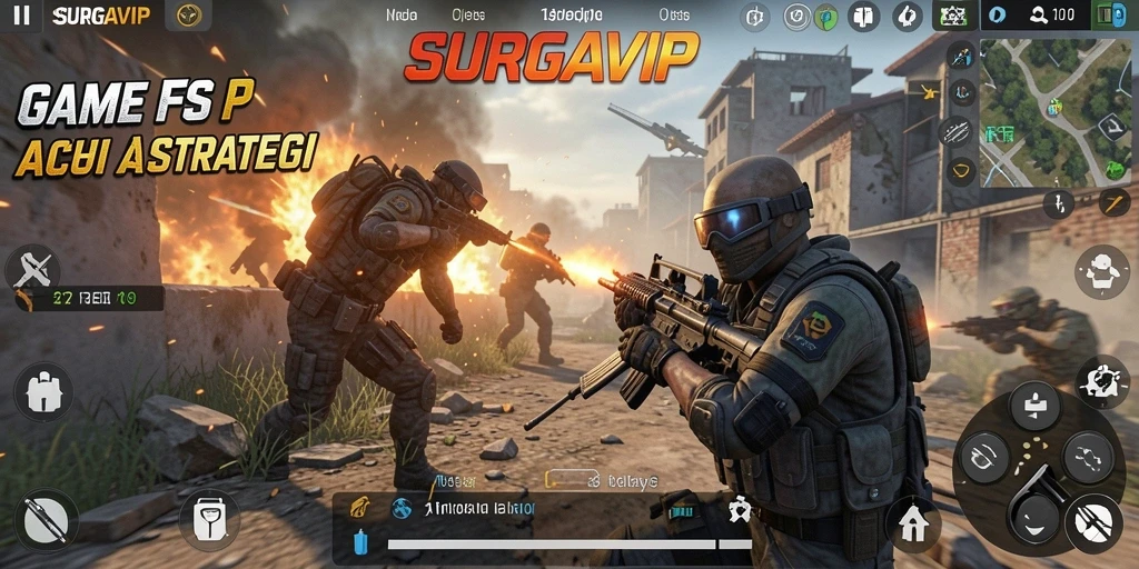 Screenshot SURGAVIP menunjukkan pertempuran seru dalam game FPS.